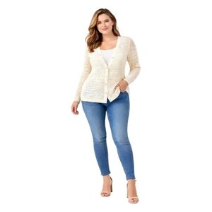 DKNY Jeans XL Cream Open Knit Cardigan Sweater V-Neck Button Front Lightweight